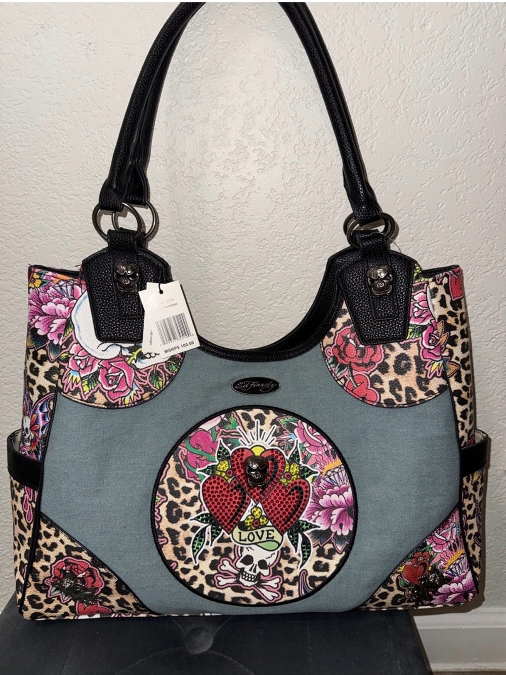 Ed Hardy Gray Tote with Floral, Leopard & Pink Accents